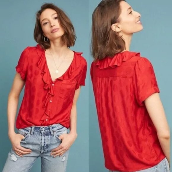 Anthropologie Maeve Jojo Ruffle V Neck Blouse Top S Red Dots Button Front Sweet - Picture 2 of 14